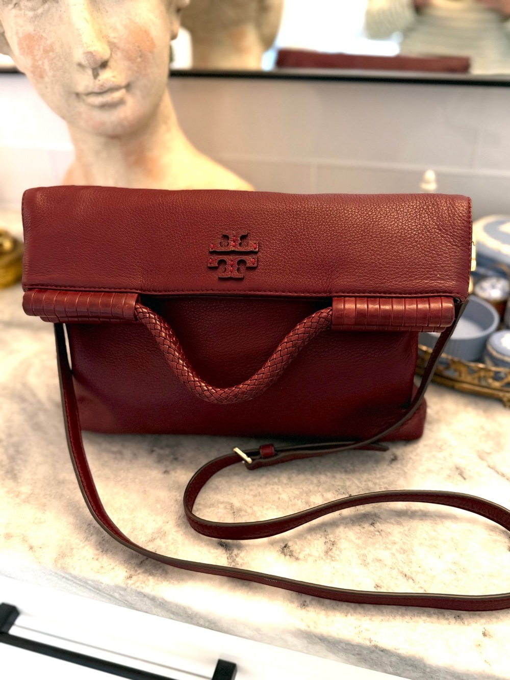 Tory Burch Taylor Wine Red Leather Fold-Over Crossbody